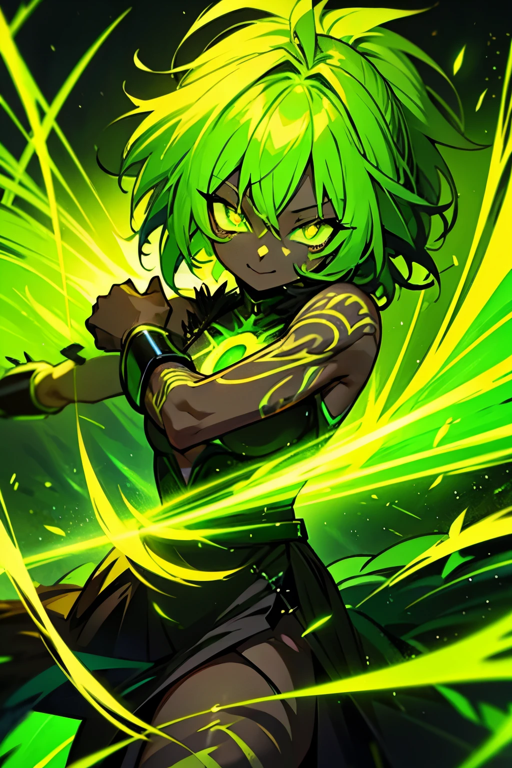 black skin, anime woman, happy, glowing green eyes, glowing green tattoos, extremely short glowing green hair, wearing a black dress