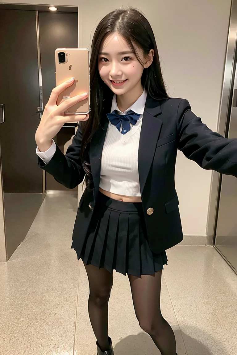 (8k), (highest quality: 1.2), (Realistic), (Realistic: 1.37), Ultra-high resolution, 1 girl, cute, smile, Mouth closed, Beautiful details, Beautiful Nose, whole body, Wet Hair, Giant Dulcefo, pork, Thighs,Selfie,Navel exposed,University Student Uniform,A simple blazer,Pleated skirt,Platform boots,Are standing, natural pantyhose
