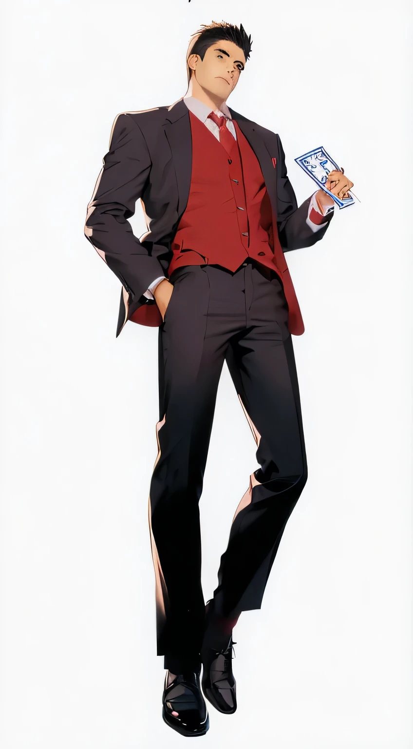 Cartoon character wearing a suit and tie holding a card, Kentaro Miura&#39;s artistic style, Official Character Art, Artworks by Ryuta Ueda, Characters in The King of Fighters, Akihiko Yoshida!, Tall anime man with blue eyes, Kentaro Miura manga art style, Kazuma Kaneko, !!Full body portrait!!, Akihiko Yoshida 8 k