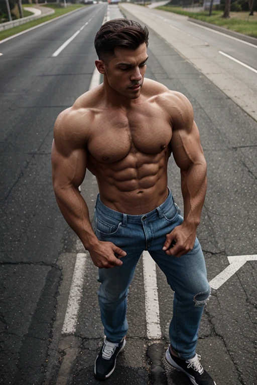  A shirt less body builder on road