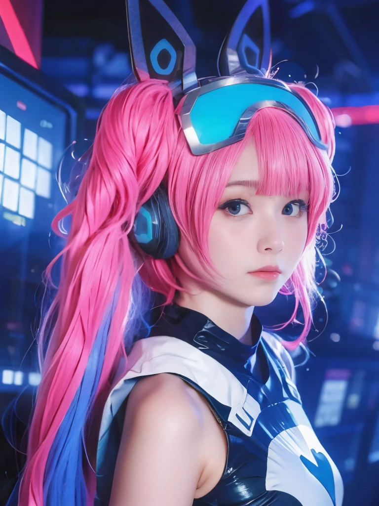 1girl,(background: city),looking at viewer,photorealistic,realistic,solo,glowing goggles,holographic interface,twintails,neon lights,skyscraper