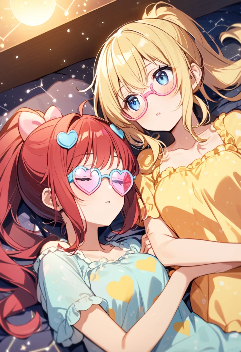 Girl with red hair, blue eyes, ponytail and heart glasses in cute animal nightwear along with a girl with short blonde hair, blue eyes and yellow glasses in cute animal nightwear lying on a bed with stars and constellations and red and yellow hearts Shiny lights on the wall, the two of them sleeping at night