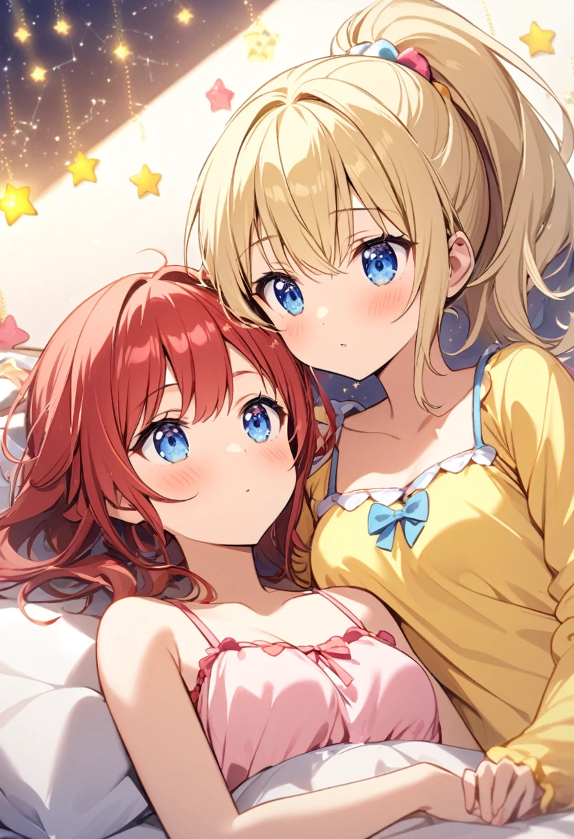 Girl with red hair, blue eyes, ponytail and heart glasses in cute animal nightwear along with a girl with short blonde hair, blue eyes and yellow glasses in cute animal nightwear lying on a bed with stars and constellations and red and yellow hearts Shiny lights on the wall, the two of them sleeping at night
