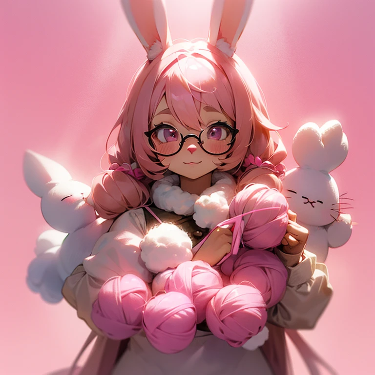 Furry bunny girl making crochet, cute, pink, delicate, yarn, light brown skin, small , pink hair, glasses, bunny ears, pink nose