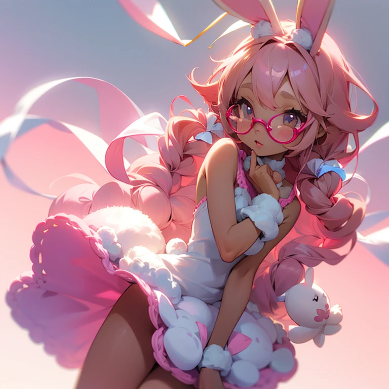 Furry bunny girl making crochet, cute, pink, delicate, yarn, light brown skin, small , pink hair, glasses, bunny ears, pink nose