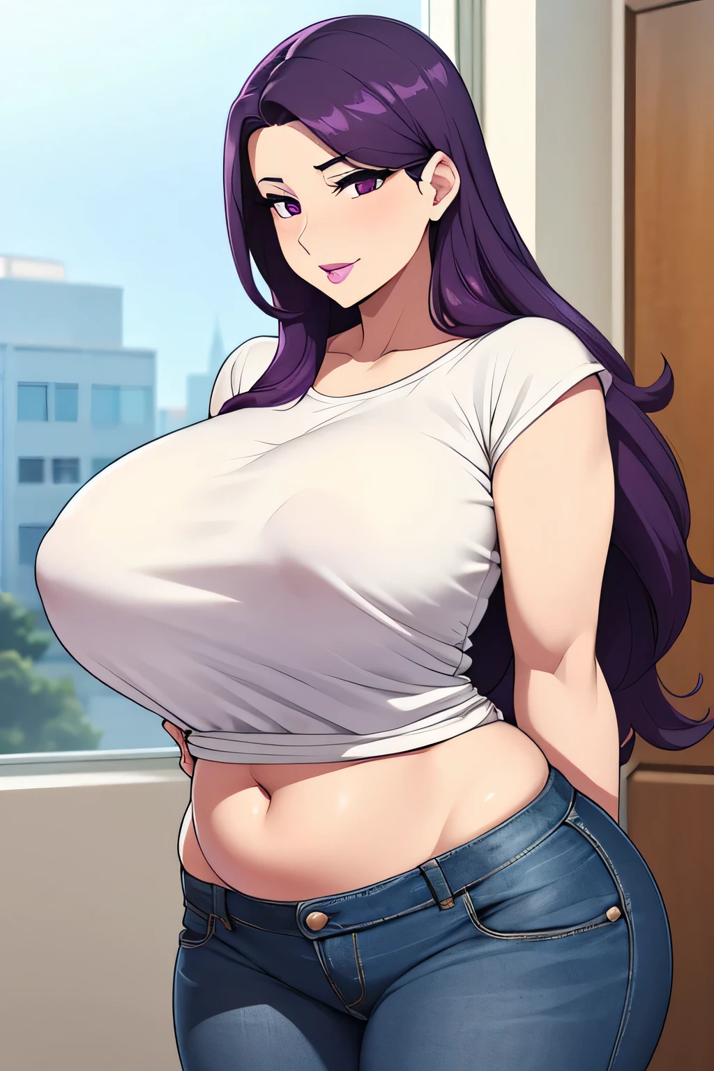 A sexy milf woman with a big breast, long purple hair, her black eye, pink lip, big body, wide overweight, dresses in a white top, shows her navel and a pair of jeans with a big thigh. 