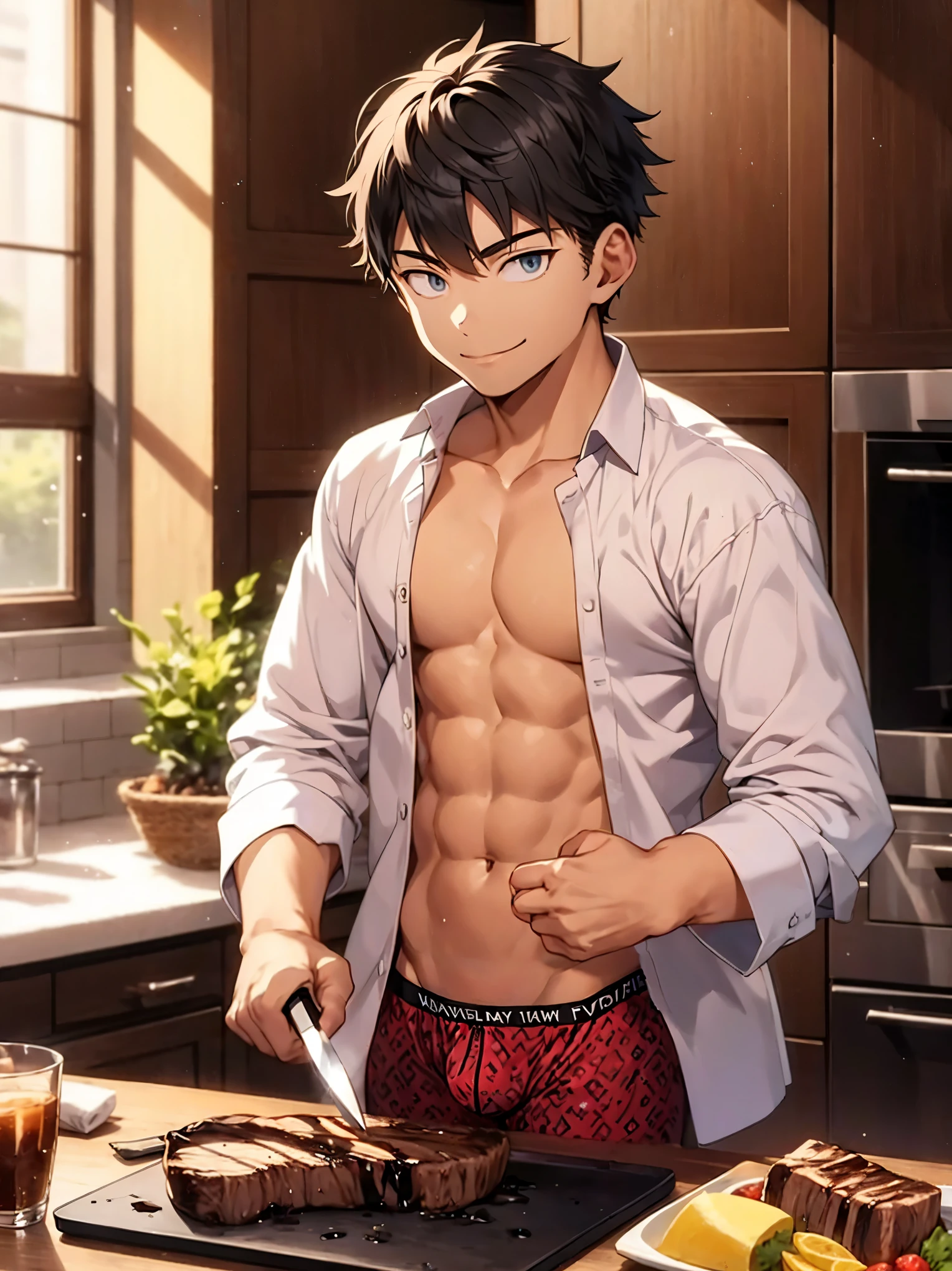 1 male,20 years old,(open collar shirt),(stylish pattern boxer briefs,tight,low rise),kitchen,salad,lunch,(detailed eyes),detailed skin,(masterpiece,best quality:1.4),Top Quality,High quality,Ultra detailed,insanely detailed,anime style