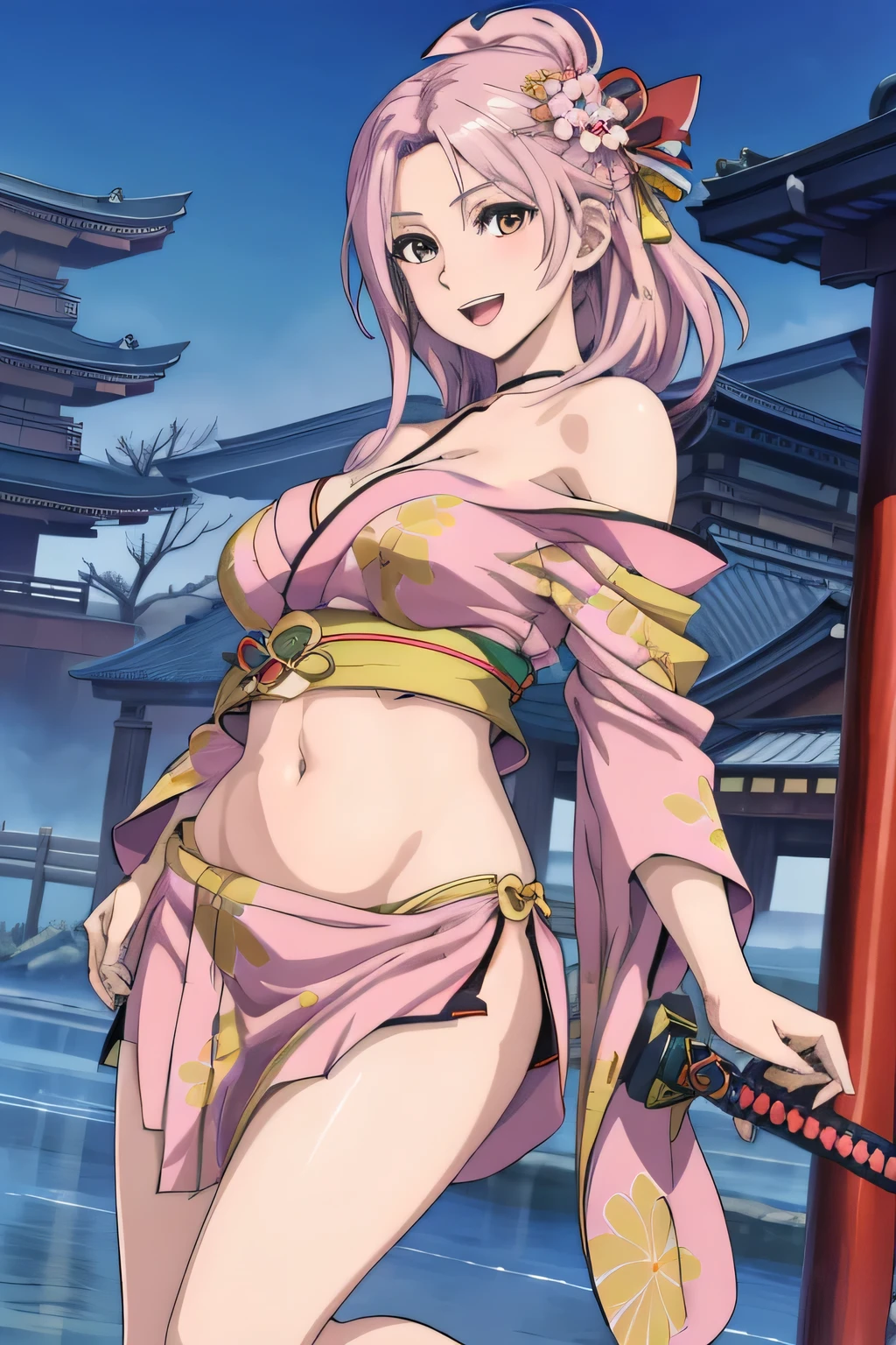 elise, 1girl, long hair, masterpiece, best quality, highly detailed, a anime girls in kimono dress with a sword posing for a  picture, bare shoulder,open kimono, evil smile, open mouth, crop top , (nsfw) not safe for work,  smile,   ecchi anime style, anime girls, ecchi style, ecchi, digital anime art!!, in anime style, official artwork, visual  novel cg, beautiful anime girl, anime style 4 k, kimono pencil skirt, exposed belly, exposed navel,  exposed midriff, exposed lower belly, outdoor, japanese architecture, temple