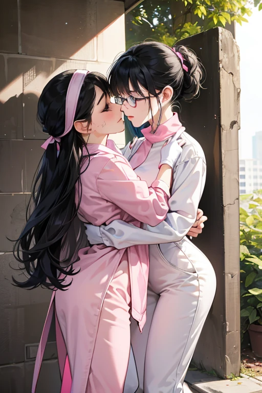 Wearing large pink rubber gloves, white rubber boots and a white cloth wrapped around her head、Two mature women with glasses and black hair tied up in blue long sleeve jumpsuits making love in a dirty public toilet in a park