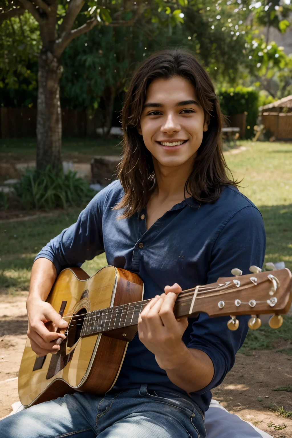 lindo garoto de 18 anos, sensual, Maravilhoso, sedutor, grande sorriso, Obra de arte, detalhe requintado, intrinsecamente detalhado, alta nitidez, profundidade de campo, with guitar