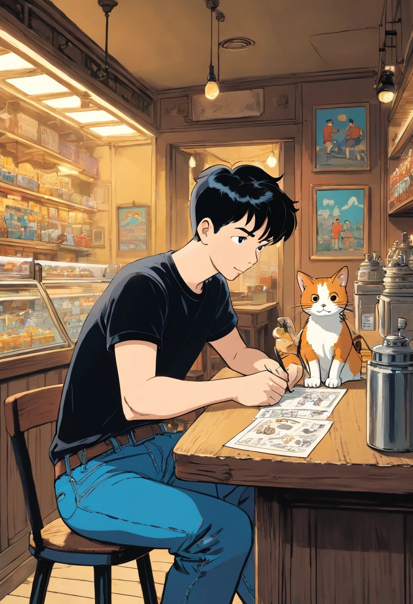 Tintin, herge, black short hair man drawing a picture in a desk, wearing black t-shirt and blue denim jeans, sitting in a cafe, with a calico cat, european comics