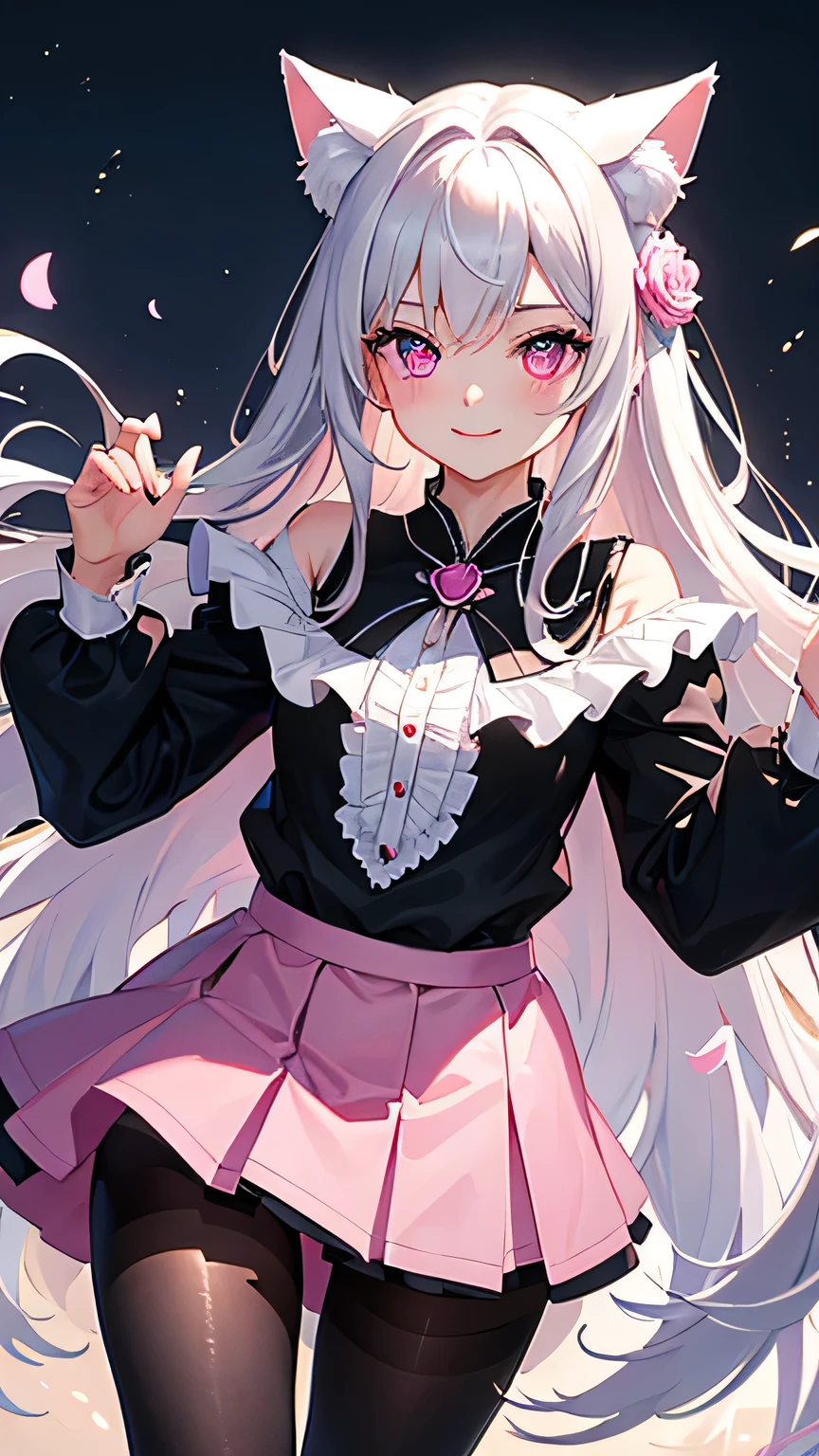 独奏,Whole body、(looking back over their shoulder), Young face、long silver Hair、long Twin tails、Spoiled brat、Immature body、(Small breasts)、smile、(Thick thighs:1.5)、red eyes、Backwards、looking at viewer、Open mouth、double teeth、fang、blushing and sticking out her cute tongue, tongue out、sensational、Back view, Character portrait, whole body、hand sign、Maid clothes、Frilly clothes、little demon's horns and a tail、Slanted eyes、big Buttocks、peace sign、wearing a Magical girl costume、Night view、tongue out, long cute tong