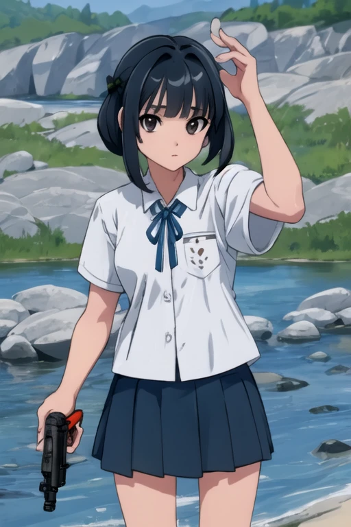 1girl, Subtle details, mini skirt, river, Shoot a gun