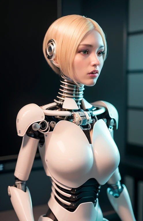 Intricate 3d rendering of highly detailed beautiful ceramic silhouette female robot face, robot, beautiful girl face,blonde hair, nude torso, robot limbs, 150 mm, beautiful studio soft light, rim light, vibrant details, luxurious cyberpunk, lace, surreal, anatomy, facial muscles, cables wires, microchip, elegant, beautiful background, octane rendering, HR Giger style, 8k, best quality, masterpiece, illustration, very delicate and beautiful, very detailed, CG, unity, wallpaper , (fidelity, fidelity: 1.37), amazing, fine detail, masterpiece, best quality, official art, very detailed cg unity 8k wallpaper, absurd, unbelievably absurd, robot, silver helmet, full body, sitting write