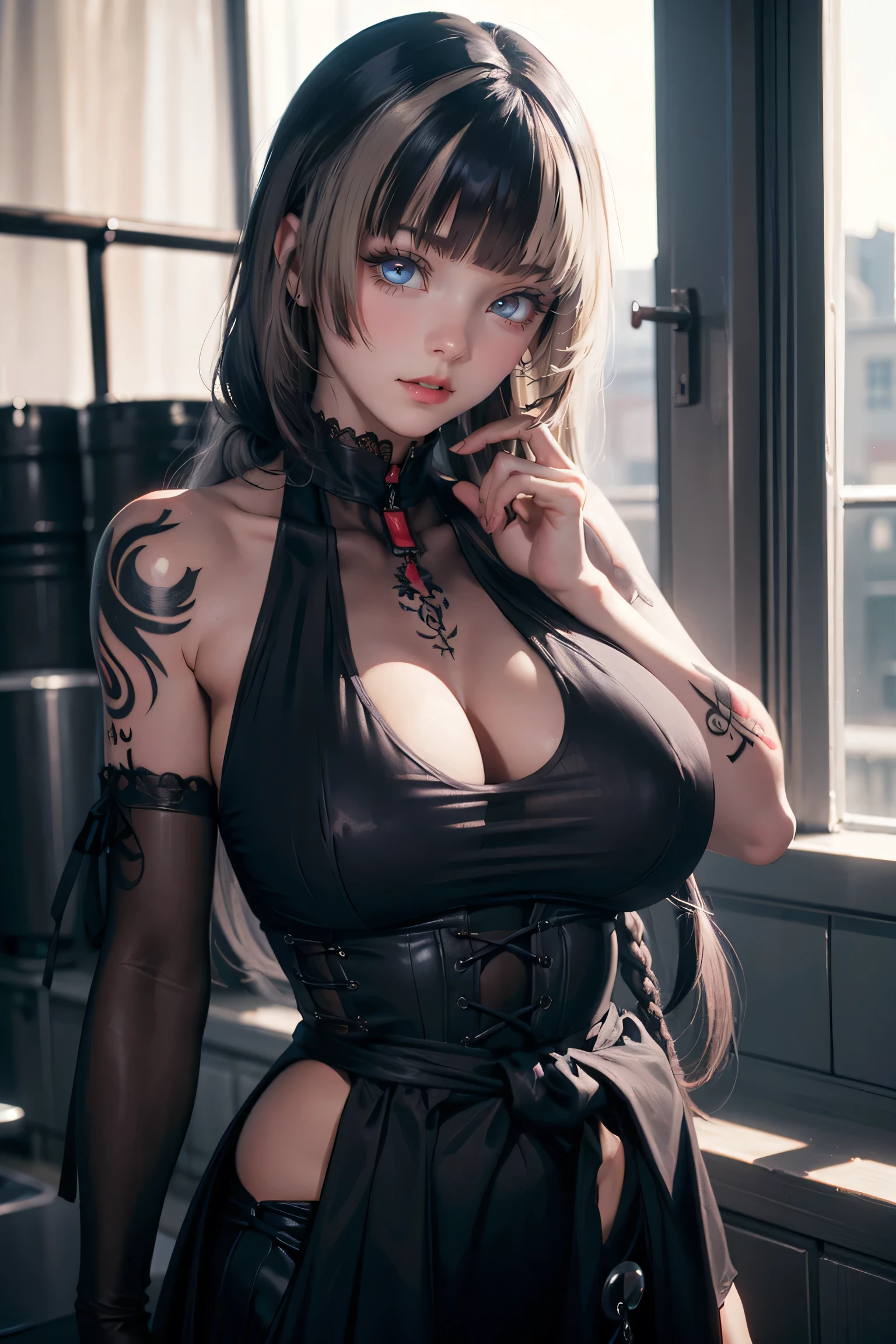 Beautiful female college student in the city,masterpiece,light makeup,Red Lip,Silver Hair,Beautiful Gothic Girl, Silky black hair in braids, blue eyes, Thin lips, Round face, 18 year old lolitax in gothic style clothing,(((He has many tattoos all over his body)), (((Tight waist))), ((Big Breasts)ough)),panties,