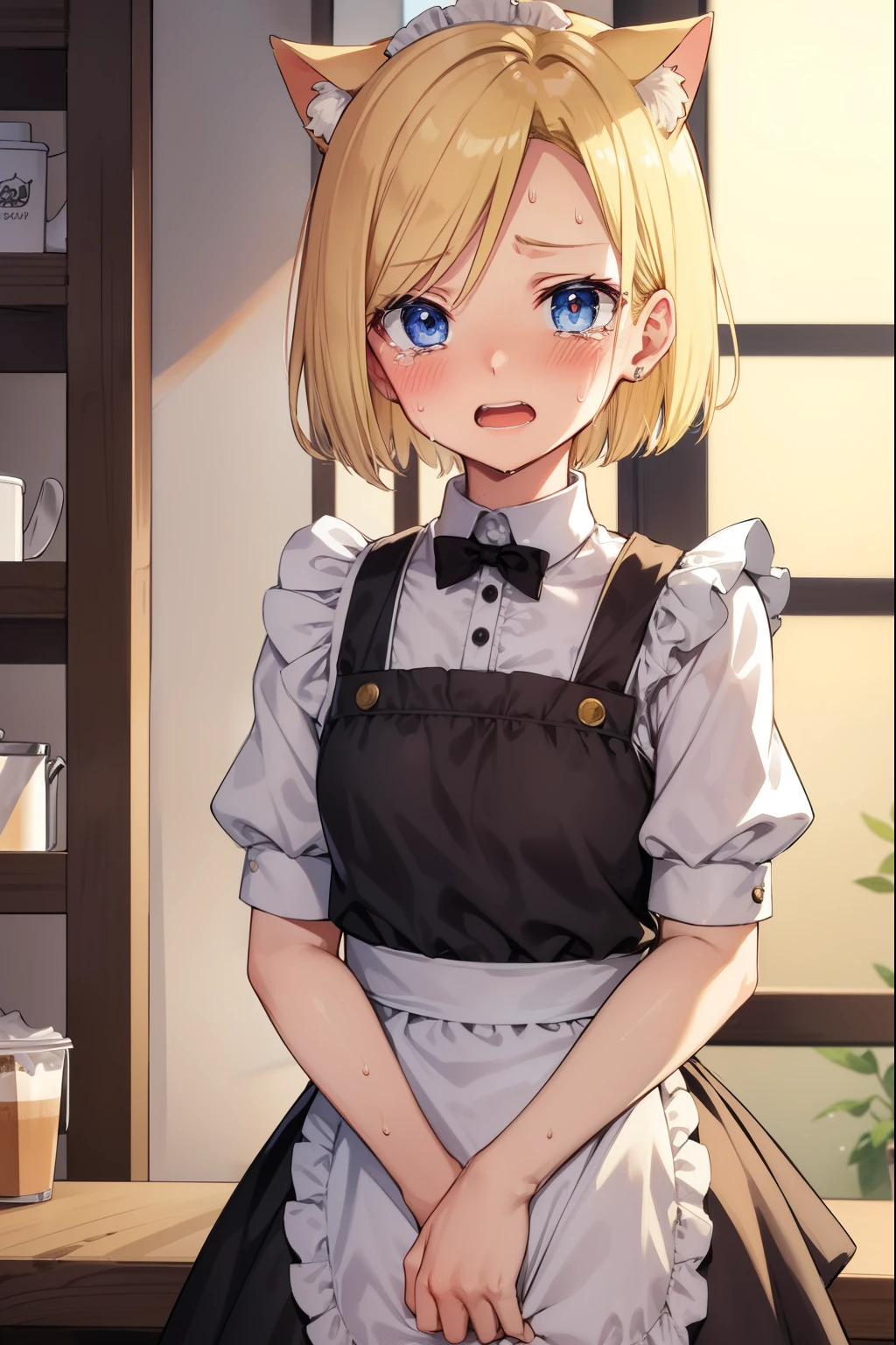 Android 18,Crying face,Embarrassing,shy,Sweat,Please open your mouth wide,blush,Maid clothes,Cat ear,coffee shop,blonde,short hair,Cat'tail,tears,Embarrassing,panic,Trouble,