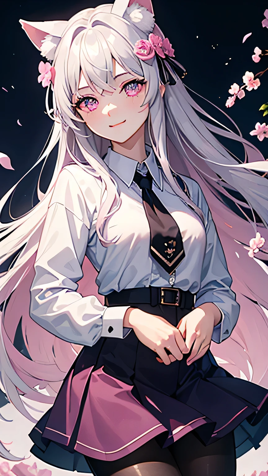 masterpiece,highest quality,Highly detailed face,fine grain,Sparkling eyes,Highlighted eyes,Medium chest,pretty girl,smile,Cat ear,Beautiful silver hair,Pink inside,Beautiful pink eyes,Oversized shirt、skirt、black tights,Flower storm,Waterfront