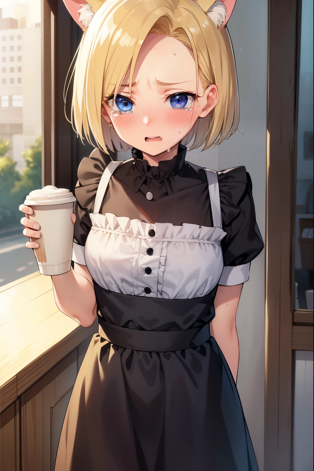 Android 18,Crying face,Embarrassing,shy,Sweat,Please open your mouth wide,blush,Maid clothes,Cat ear,coffee shop,blonde,short hair,Cat'tail,tears,Embarrassing,panic,Trouble,