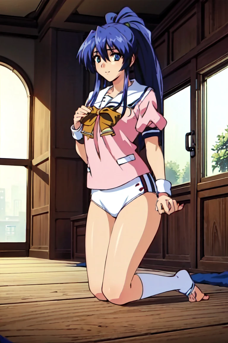 (highest quality,High resolution,Tabletop:1.2),Very detailed,(reality,Photorealisticです,Photorealistic:1.37),Game CG, One Girl, ****************, Blue Hair, (Half Up:1.1), (Small breasts), (White short-sleeved gym uniform with navy blue cuffs:1.3、Navy Blue Bloomer:1.3)、barefoot、Dark blue socks、 Big smile、Ground、Schoolyard、Eye and facial details, Kamimei、I am blushing, Surprised expression, Soft lighting, Full body angle,ponytail, (White short-sleeved gym uniform with navy blue cuffs、Navy Blue Bloomer)、barefoot、Dark blue socks、Big smile、School building、ground、Schoolyard、セクシーポーズ break looking at viewer, break indoors, classroom, break (masterpiece:1.2), highest quality, High resolution, unity 8k wallpaper, (shape:0.8), (Beautiful and beautiful eyes:1.6), Very detailedな顔, Perfect lighting, Extremely detailed CG, (Perfect hands, Perfect Anatomy),