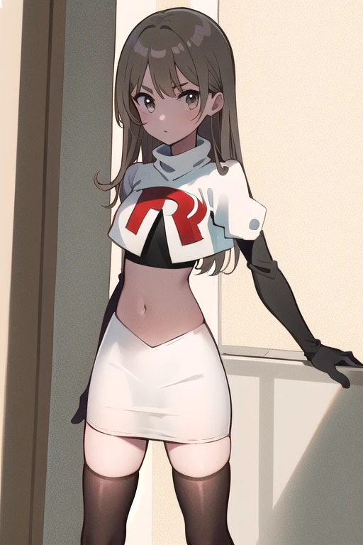 
(((masterpiece))),highly detailed, ((best quality))  (highres), aki_rinco, (1girl),  solo, brown_hair,  eyebrows_visible_through_hair, grey_hair, looking_at_viewer, team rocket,team rocket uniform,white skirt,red letter R,crop top,black thigh-highs,black elbow gloves