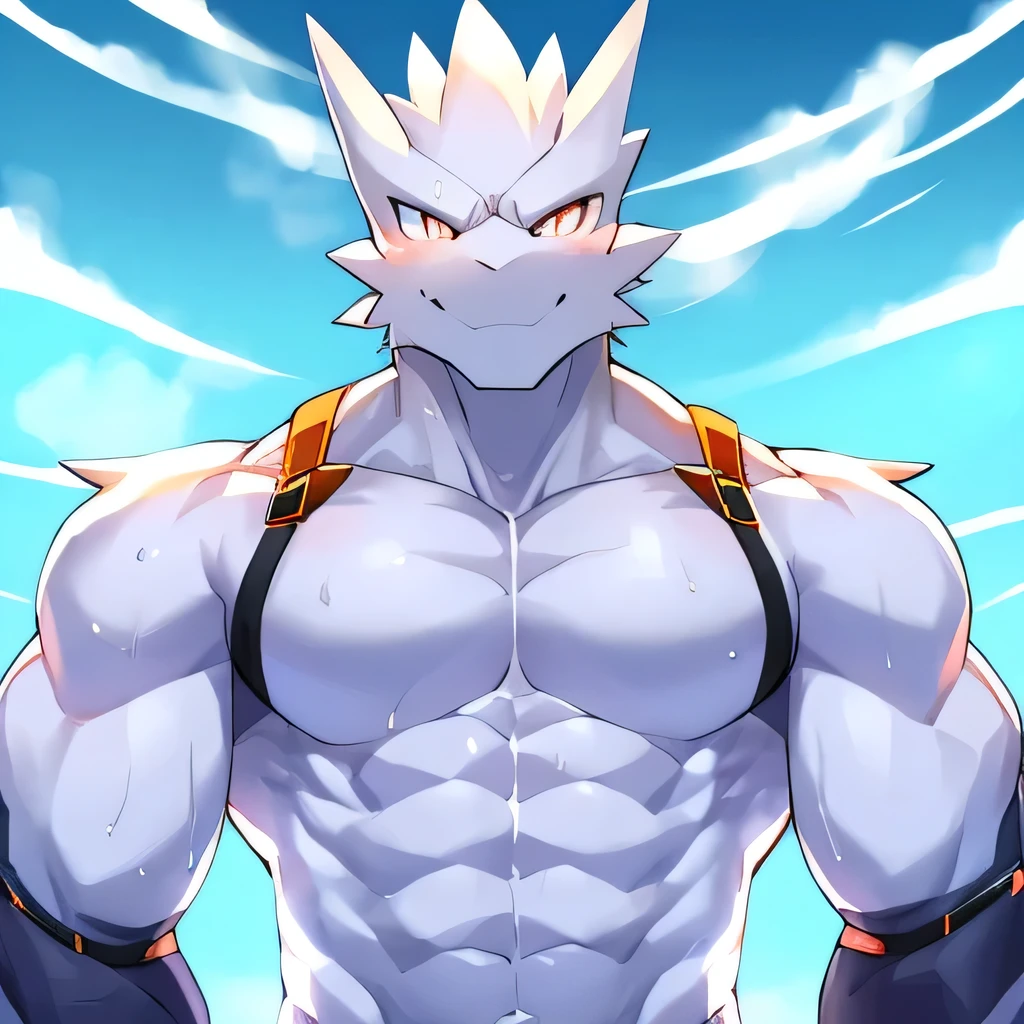 Thin macho　white dragon　　abs　　　　Hollow abs　　　thick arms　　　chest rig　　　、sweaty　　　skin glow　　profile　　Wearily　short of breath　　clenching one&#39;s back teeth　　Knees on the floor　　rubber suit