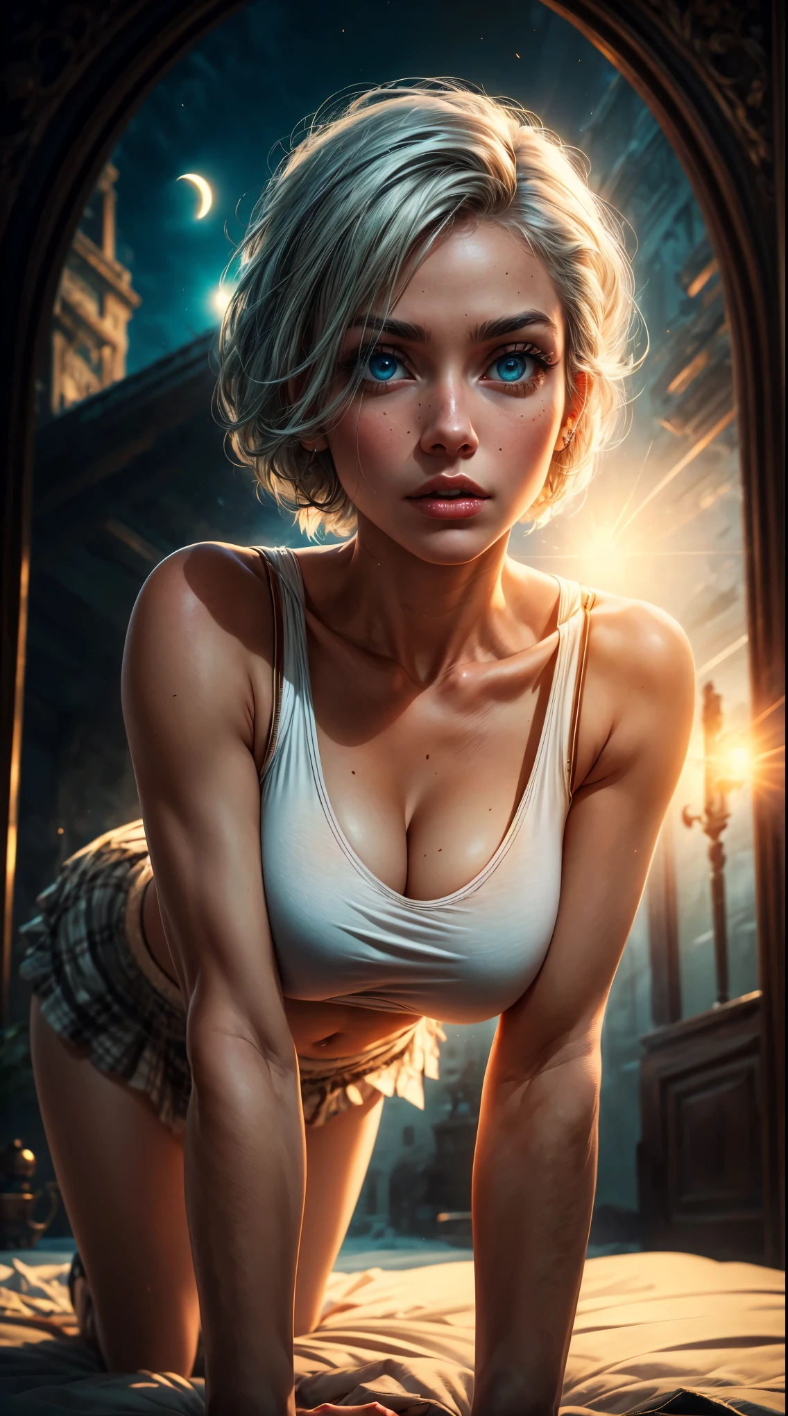 Tia is shown to have a fairly slender figure. She has white-grey hair , she has short hair and large pale green eyes, detailed face , tall face , Realistic, sexy girl, white hair, blue eyes, glowing eyes, crop top, skirt, parted lips, blush, night, flower, sun, sunlight, all fours, looking up, viewer standing from front., cleavage exposed, medium breasts, superior quality, many details, Puri focus  Sharp and realistic