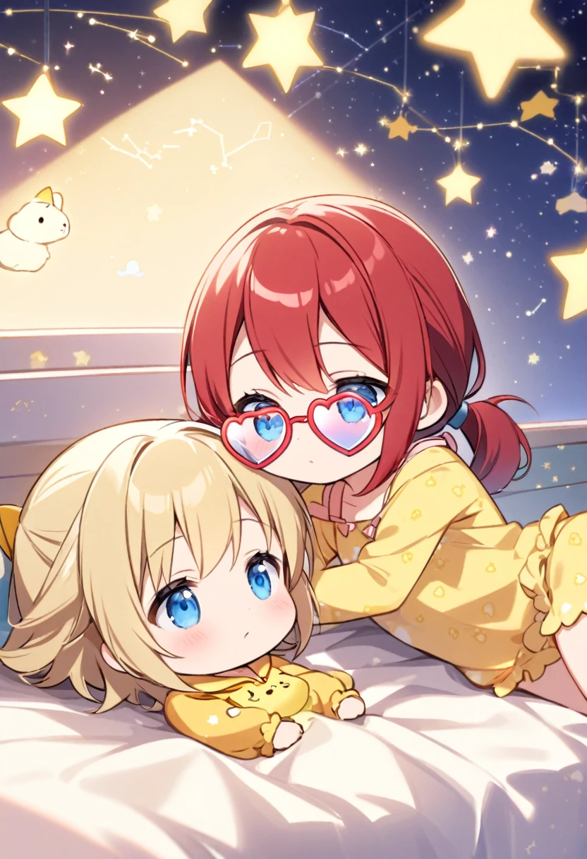 Girl  Chibi with red hair, blue eyes, ponytail and heart glasses in cute animal nightwear along with a girl with short blonde hair, blue eyes and yellow glasses in cute animal nightwear lying on a bed with stars and constellations and red and yellow hearts Shiny lights on the wall, the two of them sleeping at night