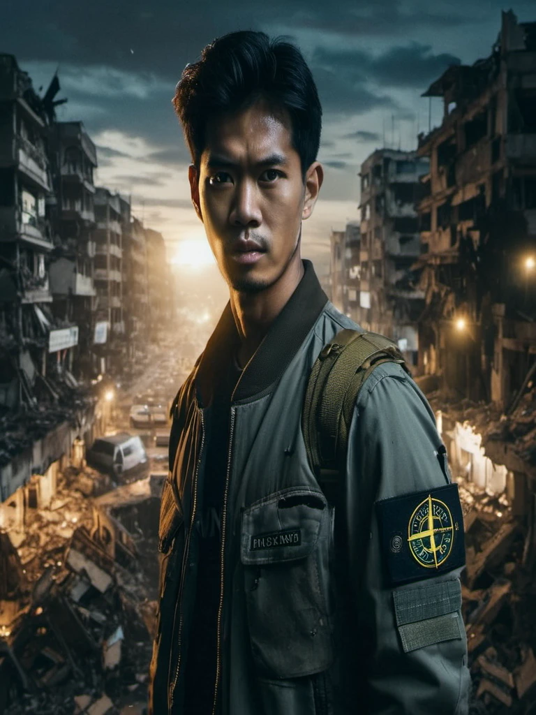 cinematic photo of handsome Indonesian man wearing jacket with Stone Island logo standing, background of destroyed buildings and structures, night, road destroyed by war, realistic, HD 8k, raw style.