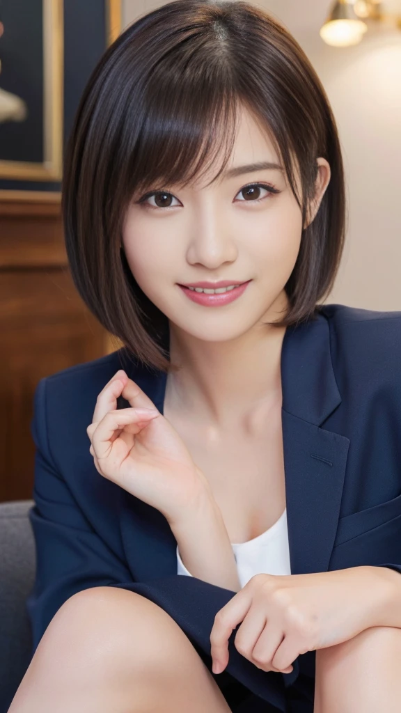 1girl, closeup portrait, Ultra young japanese girl, navy blue business suit, slim fit, incredibly cute, very short hair, big smile, Ultra beautiful detailed eyes, beautiful detailed lips, extremely detailed face, long eyelashes, innocent, artless, natural makeup, (best quality,4k,8k,highres,masterpiece:1.2),ultra-detailed,(realistic,photorealistic,photo-realistic:1.37),professional,vivid colors,studio lighting