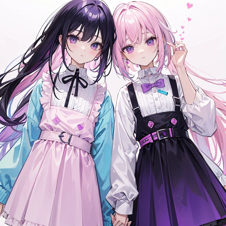 Gender-fluid, gender-fluid flag colors; pink, white, purple, black, blue. Character 1; pink hair, wearing white, feminine, a little purple. Character 2; black hair, blue clothes, a little bit of the same purple. The two are close.