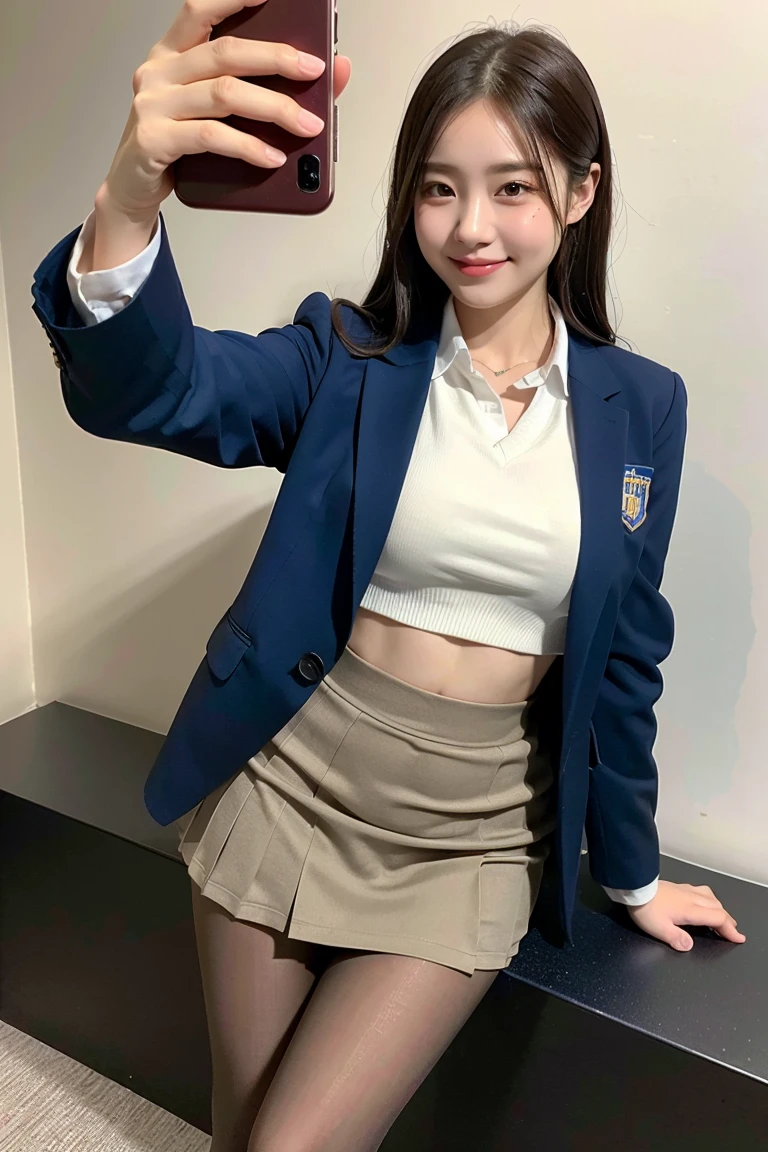 (8k), (highest quality: 1.2), (Realistic), (Realistic: 1.37), Ultra-high resolution, 1 girl, cute, smile, Mouth closed, Beautiful details, Beautiful Nose, whole body, Wet Hair, Giant Dulcefo, pork, Thighs，Selfie,Navel exposed,University Student Uniform,A simple blazer,Pleated skirt,Platform boots,Are standing, natural pantyhose 