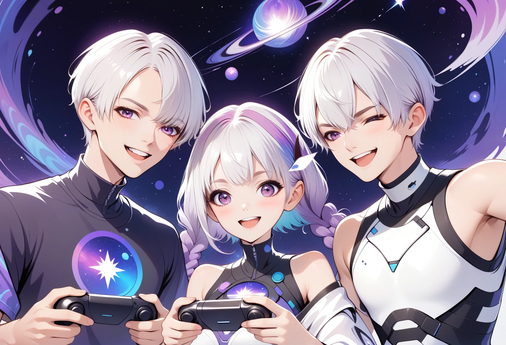 Graphic design,vector art,Smooth lines,Simple style,Couple poster design:Two people playing games happily and laughing,1 Boys’ short hair,Purple Eyes,white hair,1Girls High Neck Off Shoulder Top,She has two purple braids,Galaxy theme,(fashion design),(Vibrant colors)(Bright colors)
