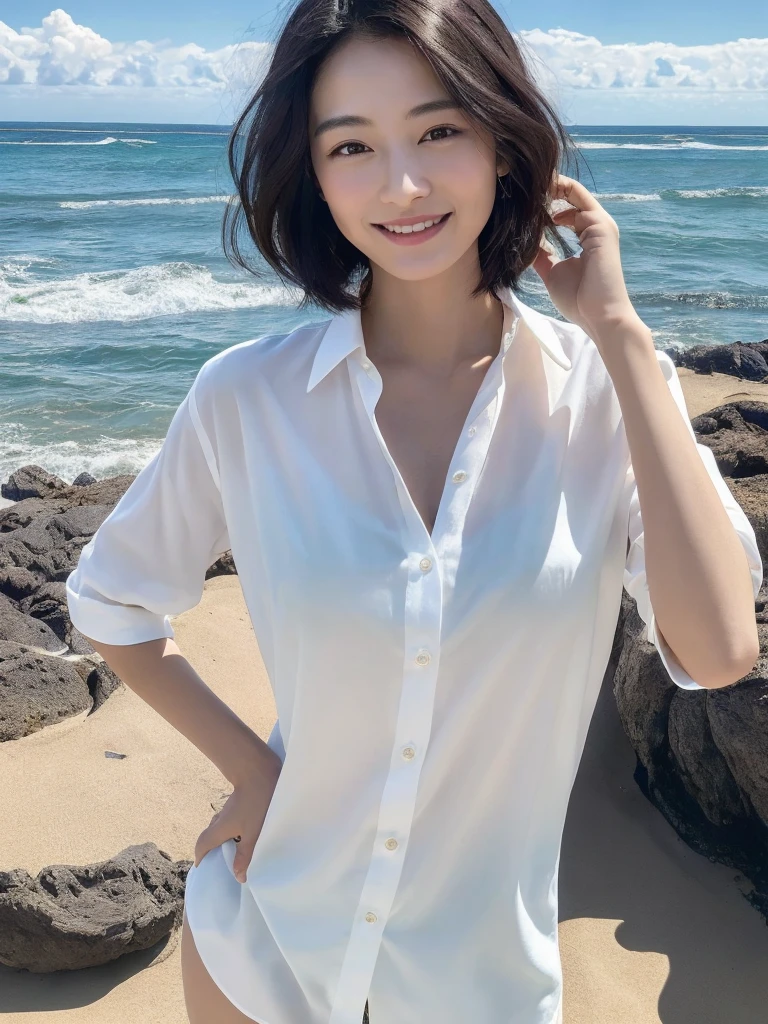 (​masterpiece:1.3), (8K, Photorealsitic, RAW Photography, Top image quality: 1.4), japanes, (1girl in), beautiful face, (lifelike face), (A dark-haired, short-hair:1.3), Beautiful hairstyle, realistic eyes, Eyes in Beautiful Details, (real looking skin), Beautiful skins, enticing, 超A high resolution, A hyper-realistic, High Detail, the golden ratio, (Detal Face:1.2), see the beholder,a smile,opened white shirt,middlebreast,is standing,put hands on the hip、sea the background of. Subtitles reads: All things coexist harmoniously, guarding the earth for love.