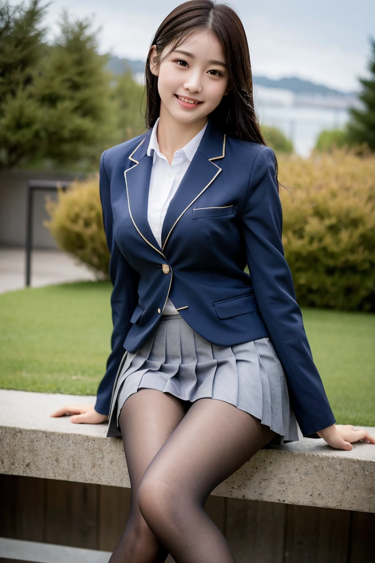 (8k), (highest quality: 1.2), (Realistic), (Realistic: 1.37), Ultra-high resolution, 1 girl, cute, smile, Mouth closed, Beautiful details, Beautiful Nose, whole body, Wet Hair, Giant Dulcefo, pork, Thighs,Navel exposed,University Student Uniform,A simple blazer,Pleated skirt,Platform boots,Are standing, shiny natural pantyhose