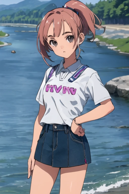1girl, Subtle details, mini skirt, river, Put your right hand forward