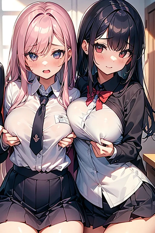 (3girls,friendship,yuri),(8k, RAW photo,high quality, masterpiece:1.2), High-definition RAW color photo,(Uppermost deviated breasts,breasts that sag on top:1.5),(Uneven breasts:1.5),(medium breasts:1.1),(fluffy breasts,tender breasts:1.3),(li:1.3), closeup breast focus,puffing out chest,breasts that was squeezed and crushed,navel,underboob,BREAK (breast shaped clothe,clothed:1.3),schooluniform,office shirt