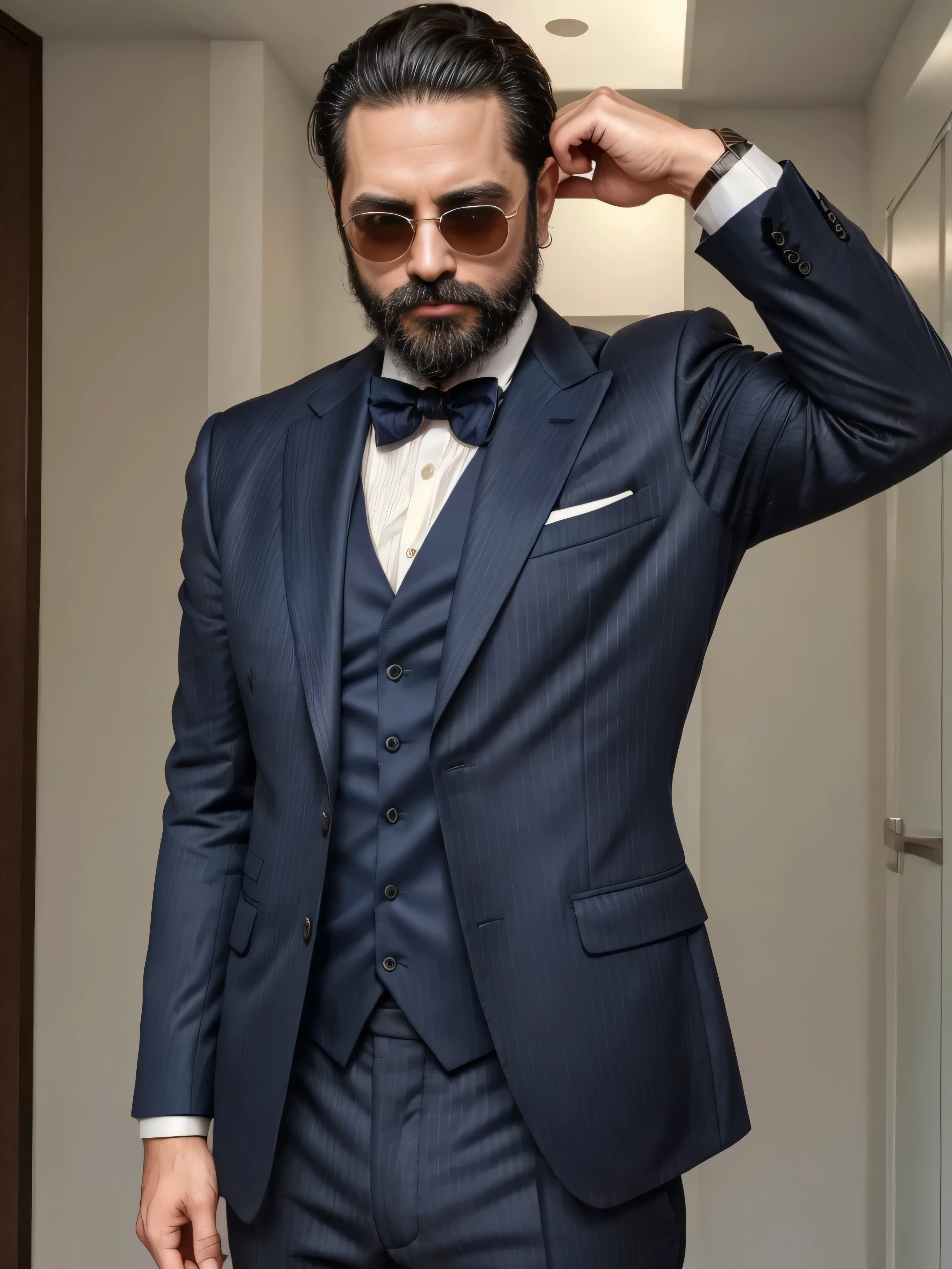 A 38-year-old man with a neatly groomed beard and stylish sunglasses. He is dressed in an elegant, tailored suit, featuring a sharp blazer and a crisp dress shirt. The blazer is a deep navy blue with subtle pinstripes, and the shirt is a classic white with a slight sheen. He wears a pocket square that matches the blazer, adding a touch of sophistication. The man is also wearing a sleek, silver wristwatch. His hair is neatly styled, complementing his overall polished look. The background is blurred to keep the focus on the man's upper body, capturing his confident and refined appearance. The image should be a medium shot, highlighting the man's upper body in great detail.