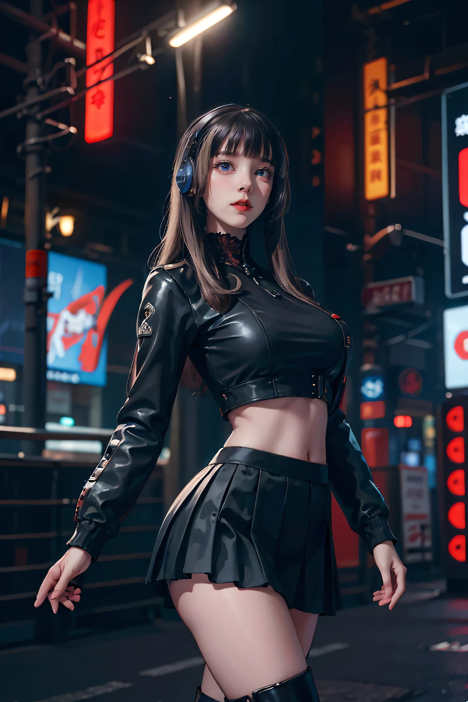 Better Quality, Realist, Award-Winning Illustration, (Intricate details: 1.2), (Fine Detail), (Intricate details), (Cininatic Lights, Better Quality Backlight), Crisp Lines, Sharp focus, Official Art, Unity Wallpaper 8k, Absurd, unbelievably Absurd, Huge file sizes, Ultra- (in_main_two:1.21), (Neon lamp), Fantasy art, RTX,((triangle closeup photo by award winning studio )), 1 girl, so beautiful, (run away), small , ((two da cidade cyberpunk, Battle Maiden)), Perfect hands, Beautiful and fine details, Perfect Face, (Cyberpunk Blouse, leather jacket, Martin boots) ,,(Headphones_in volta_hair),((Pleated skirt) ), ((Supermodel posture)),((Big Breasts)),(See-through)