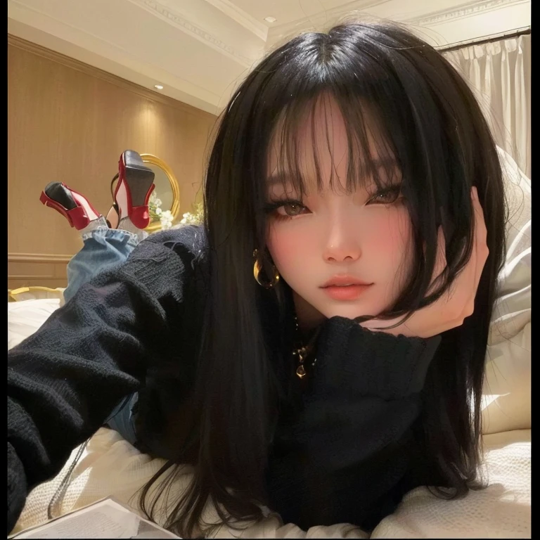 there is a woman laying on a bed with her head on her hands, she has black hair Com franja, Hanni pham, Hanni pham do New jeans, young pale and beautiful asian face, Com franja, Xintong Chen, long black hair Com franja, Sui Ishida com cabelo preto, o corte Hime, cabelo longo com franja completa