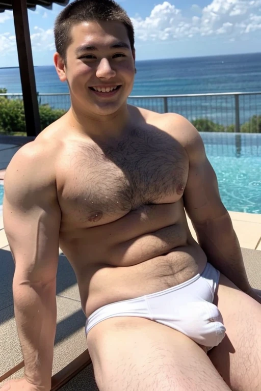 ((highest quality)), ((masterpiece)), (detailed), Perfect Face、Shaved head、Young Japanese、Muscular、Fat body、Big guy、smile、white small swimsuit、Emphasize the chest、Highlights very thick legs、Thick arms、Thick neck、Fat face、naked、have power、Sitting with legs spread wide、big bulge、Raising his arms、topless、Pink nipples、