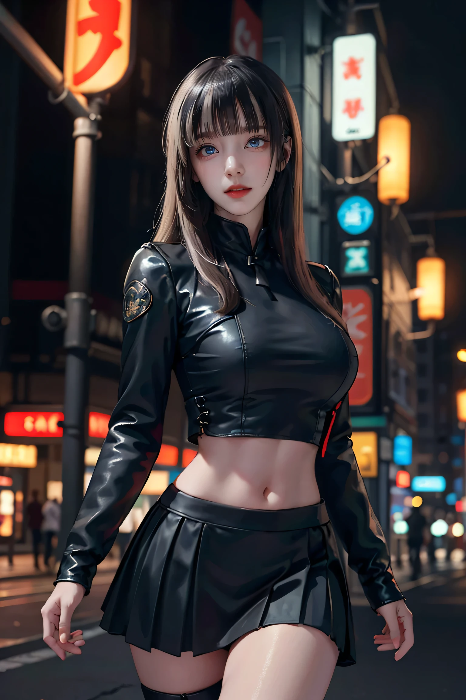 Better Quality, Realist, Award-Winning Illustration, (Intricate details: 1.2), (Fine Detail), (Intricate details), (Cininatic Lights, Better Quality Backlight), Crisp Lines, Sharp focus, Official Art, Unity Wallpaper 8k, Absurd, unbelievably Absurd, Huge file sizes, Ultra- (in_main_two:1.21), (Neon lamp), Fantasy art, RTX,((triangle closeup photo by award winning studio )), 1 girl, so beautiful, (run away), small , ((two da cidade cyberpunk, Battle Maiden)), Perfect hands, Beautiful and fine details, Perfect Face, (Cyberpunk Blouse, leather jacket, Martin boots) ,,(Headphones_in volta_hair),((Pleated skirt) ), ((Supermodel posture)),((Big Breasts)),(See-through)