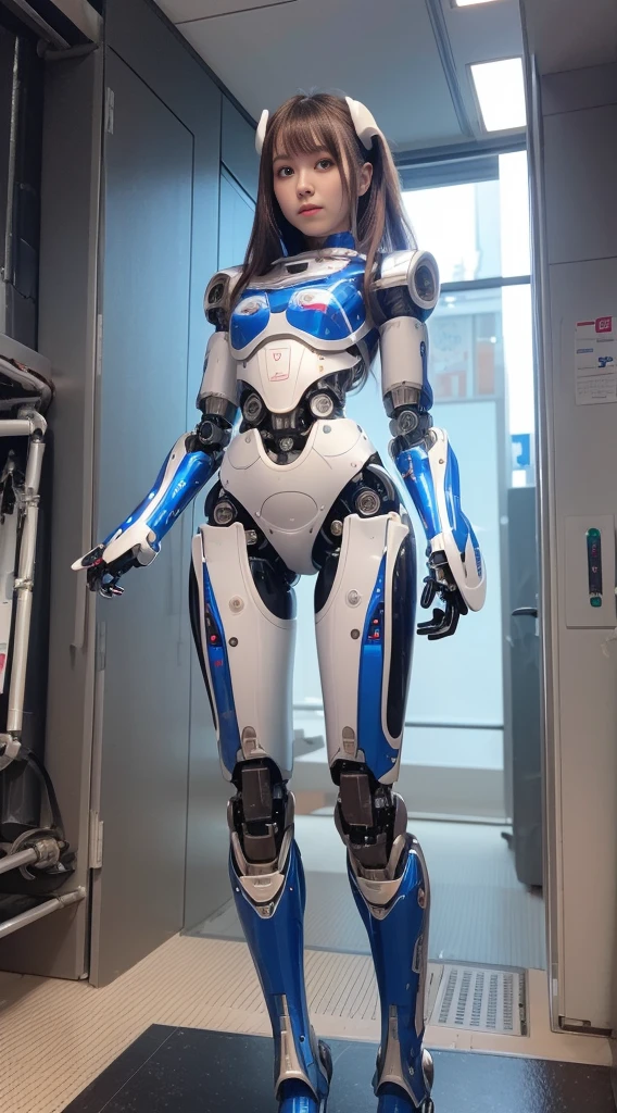 ((Robot Girl, mechs)), Glowing eyes, Delicate face, broken armor, Mechanical aura, Mechanical ArmMechanical Leg, Brown hair, Long hair, ceramic body, Thigh gap, tiny chest, cyber background, akihabara, (translucent, reflection skin), 8K, Best Quality, Ultra-detailed, (surrealism: 1.4),(Perfect Robot Girl),(Perfect machine body)