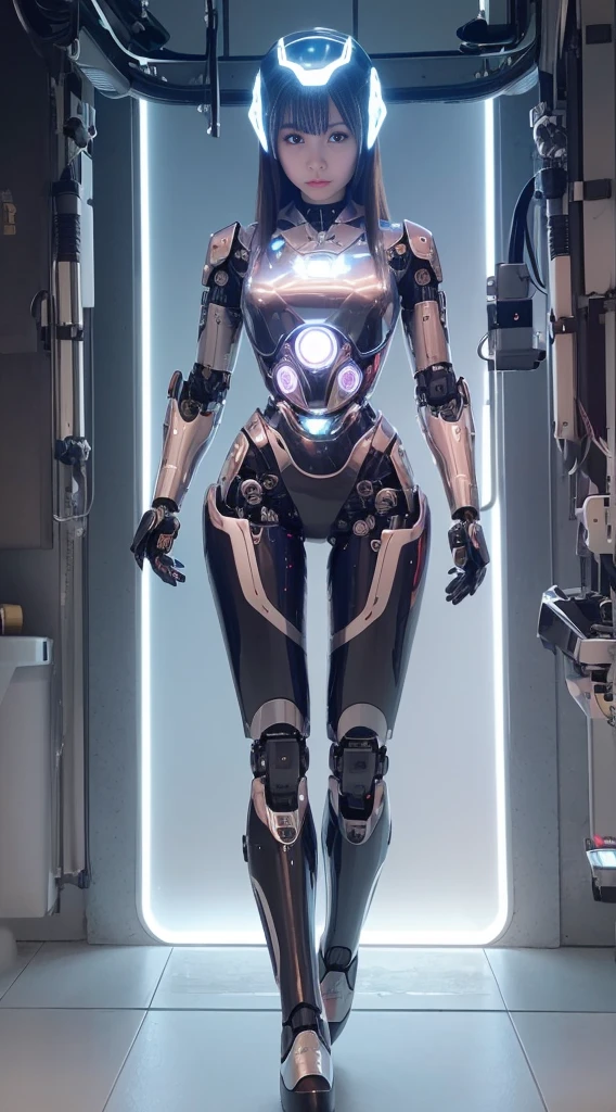 ((Robot Girl, mechs)), Glowing eyes, Delicate face, broken armor, Mechanical aura, Mechanical ArmMechanical Leg, Brown hair, Long hair, ceramic body, Thigh gap, tiny chest, cyber background, akihabara, (translucent, reflection skin), 8K, Best Quality, Ultra-detailed, (surrealism: 1.4),(Perfect Robot Girl),(Perfect machine body)