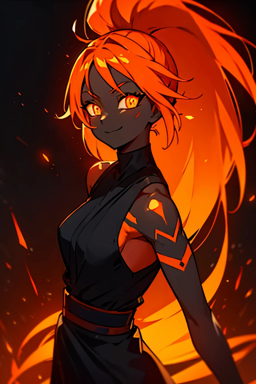 black skin, anime woman, happy, glowing orange eyes, glowing orange tattoos, glowing orange hair ponytail, wearing a black dress