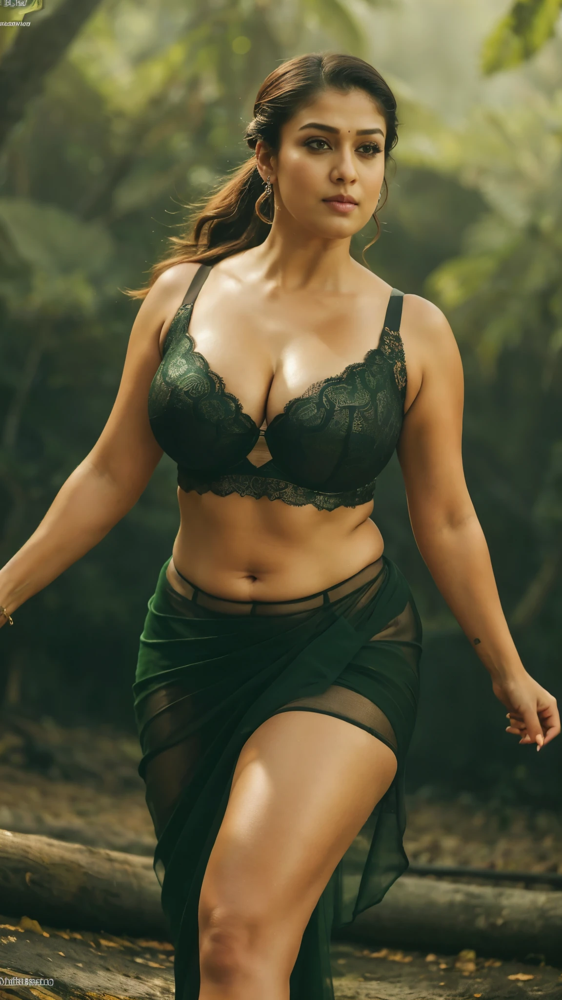 from top view, extreme close up photo of nayanthara, big cheeks, hourglass figure, curvy, swooping breasts, deep cleavage, open arms, sexy armpits, look at viewer lusciously, jumping out from fire in a forest and stripping black lace bra green see through saree, nipples, sunny day action scene, ponytail, 4K, HD