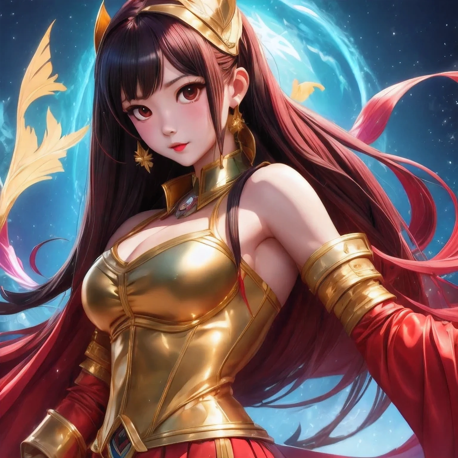 araffe school student in a red and gold outfit posing for a picture, portrait knights of zodiac girl, anime girl cosplay, masayoshi suto and artgerm, cosplay photo, portrait of a female anime hero, senna from league of legends, anime cosplay, wojtek fus, cosplayer, ig model | artgerm, ayaka cosplay，（（（watercolor）））（one school ）