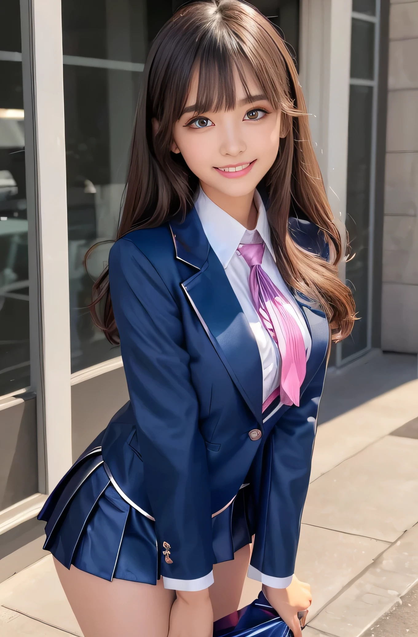 Angelic Very pretty cute young girl, 
very beautiful girl,
(V-line jaw),
Beautiful detailed brown eyes, 
small straight nose,
Detailed double eyelids, 
(Large eyes:1.3), 
Long straight brown hair, 
see-through bangs, 
beautiful detailed face and eyes, 
smiling, 
BREAK   
(super shiny metallic dark blue  blazer:1.3),metallic pearl white school blouse,(shiny metallic bright pink neck ribbon tie:1.2),(super shiny metallic dark blue pleated skirt :1.5),(school uniform with super reflective surfaces:1.5),

(Very beautiful cute girl:1.2), 
Very pretty cute young girl, 
V-line jaw,
Beautiful detailed eyes, 
very beautiful girl,
Detailed double eyelids, 
(Large eyes:1.3), 
Long straight brown hair, 
see-through bangs, 
beautiful detailed face and eyes, 
smiling, 
break  
(Very beautiful cute girl, Beautiful detailed eyes, Detailed double eyelids:1.3), 
(Soft Saturation: 1.3), 
(Fair skin: 1.4), 
(Large eyes:1.4), 
break  
Very beautiful cute girl, 
Sharp Focus, 
brown hair, 
Very beautiful cute girl, 
Raw photo, 
High resolution, 
perfect detail, 
Professional Photography, Professional Lighting, 
strong lighting,
break 
(smile:1.6)