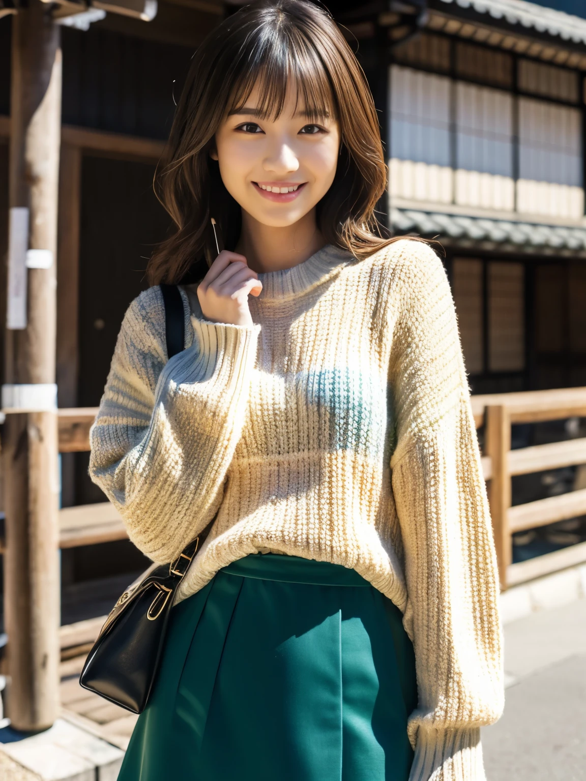 masutepiece, Best Quality, Illustration, Ultra-detailed, finely detail, hight resolution, 8K Wallpaper, Perfect dynamic composition, Beautiful detailed eyes, Medium Hair, Natural Color Lip, Random Poses, Smile, Kyoto Street Walk, 20 years girl, Beautiful Women, Japanese pattern sweater and Japanese pattern skirt, Slimed, A slender, Model body type, random body orientation,