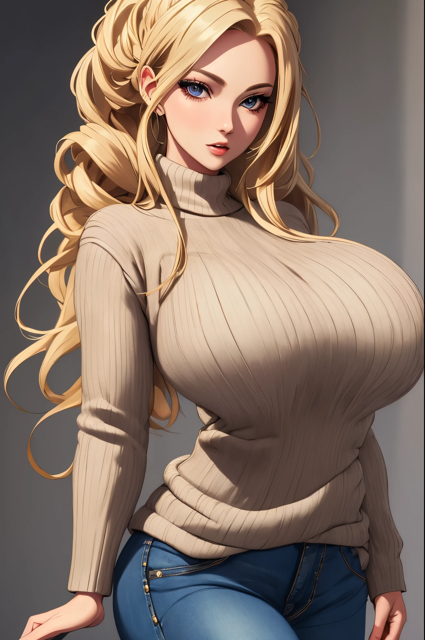 masterpiece, best quality, detailed face, detailed eyes, detailed lips,blonde hair, updo,perfect figure,tight sweater and jeans,huge breasts, standing