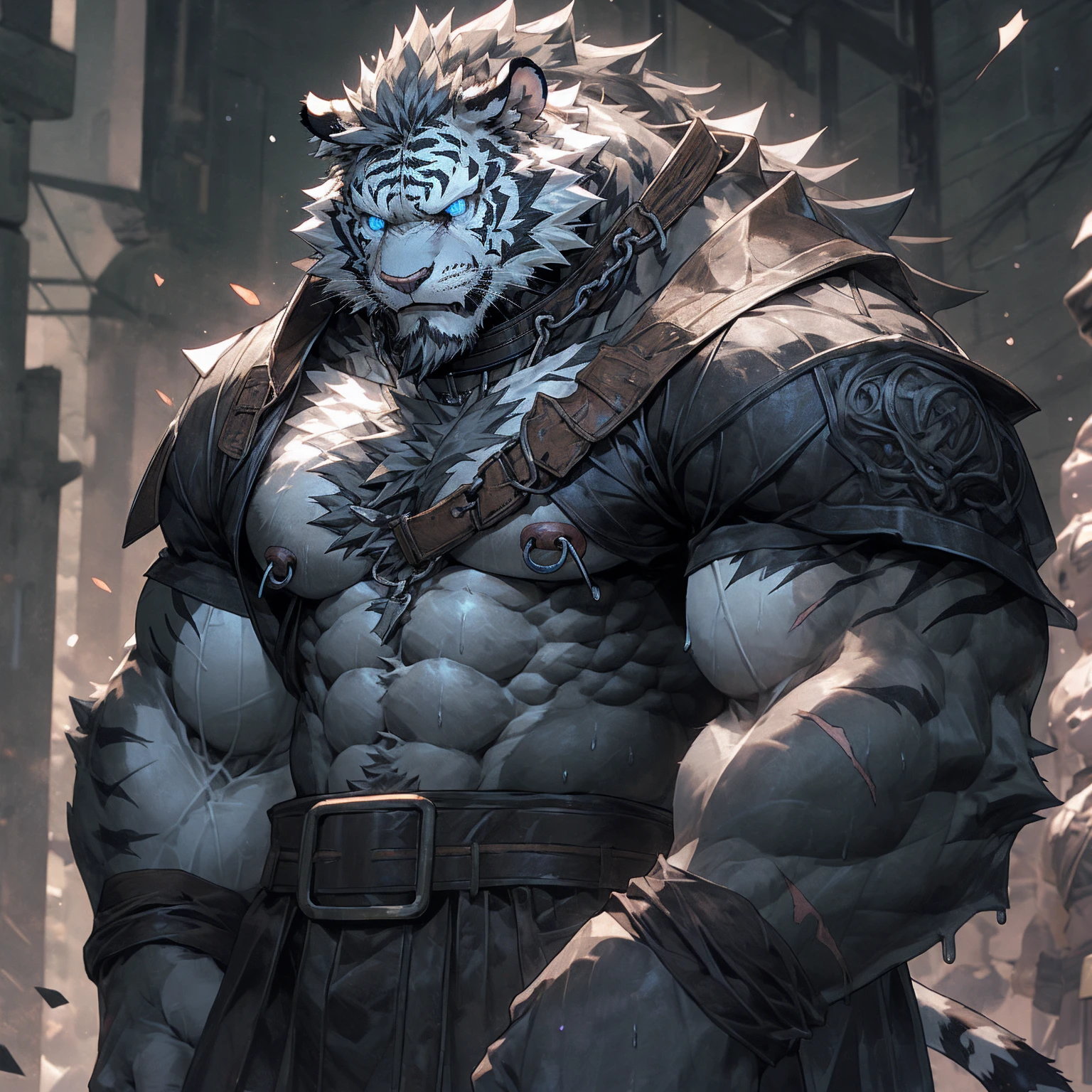 Sweaty, muscular, shirtless, dark castle, anthropomorphic chest hair, serious face（Scar on face） Mature （Blue eyes）Huge muscular torn abs wild wearing nipple rings and collars prisoner collars linked to chains and buckles ambitious black tiger